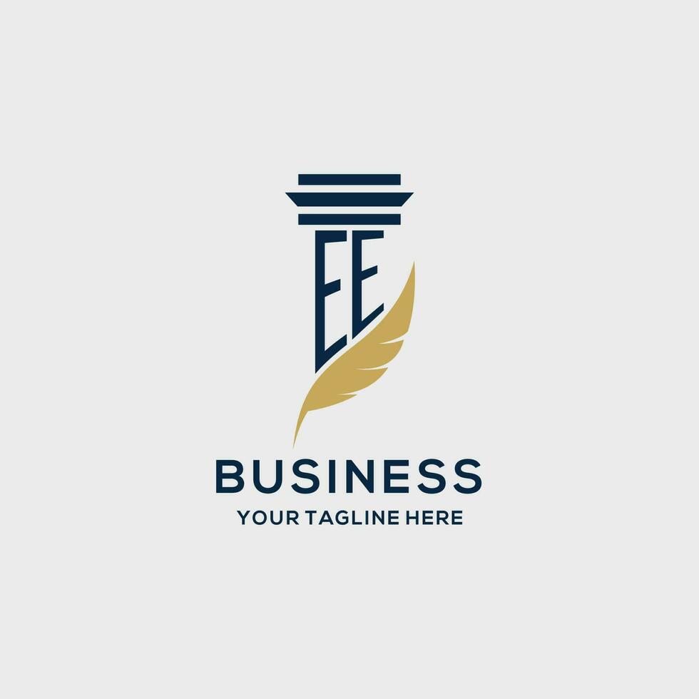 EE monogram initial logo with pillar and feather design vector