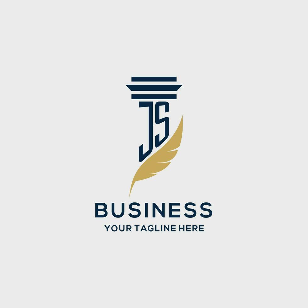 JS monogram initial logo with pillar and feather design vector