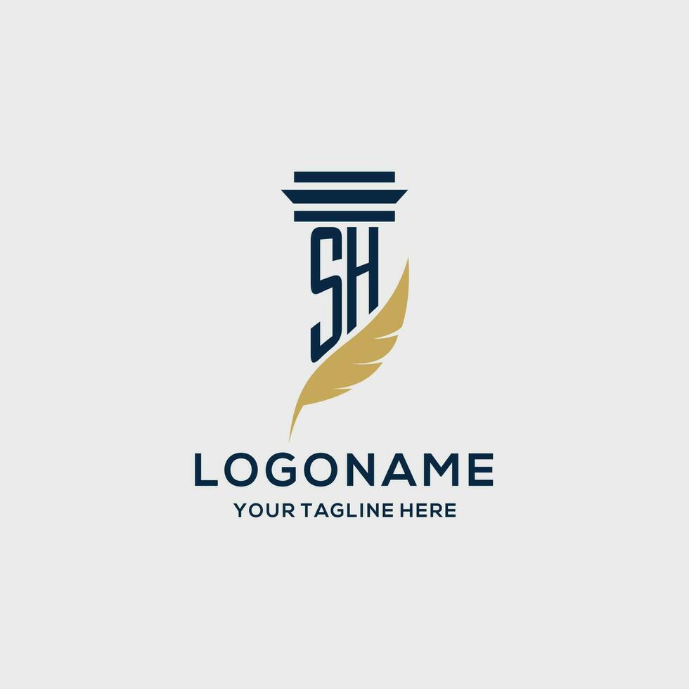 SH monogram initial logo with pillar and feather design vector