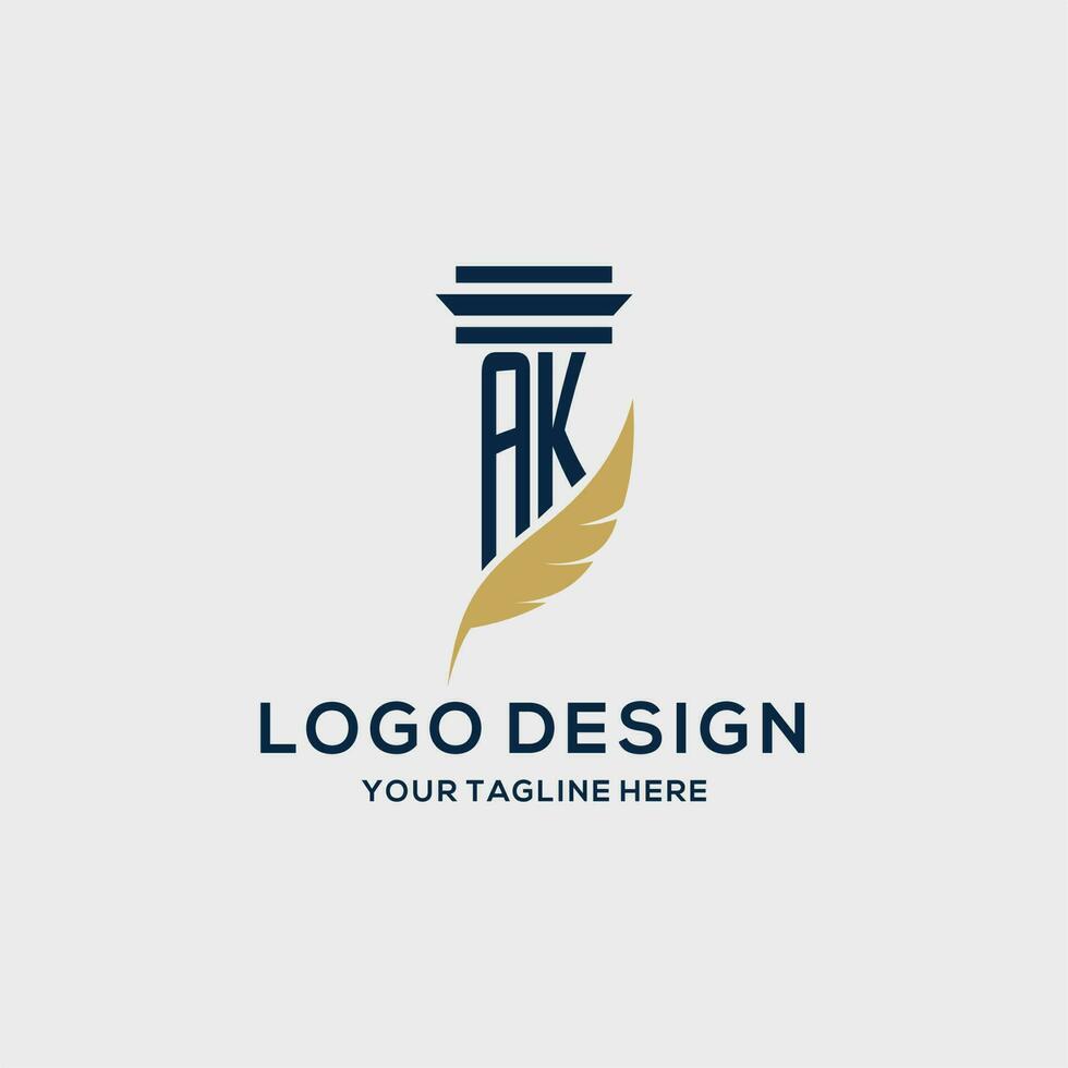 AK monogram initial logo with pillar and feather design vector