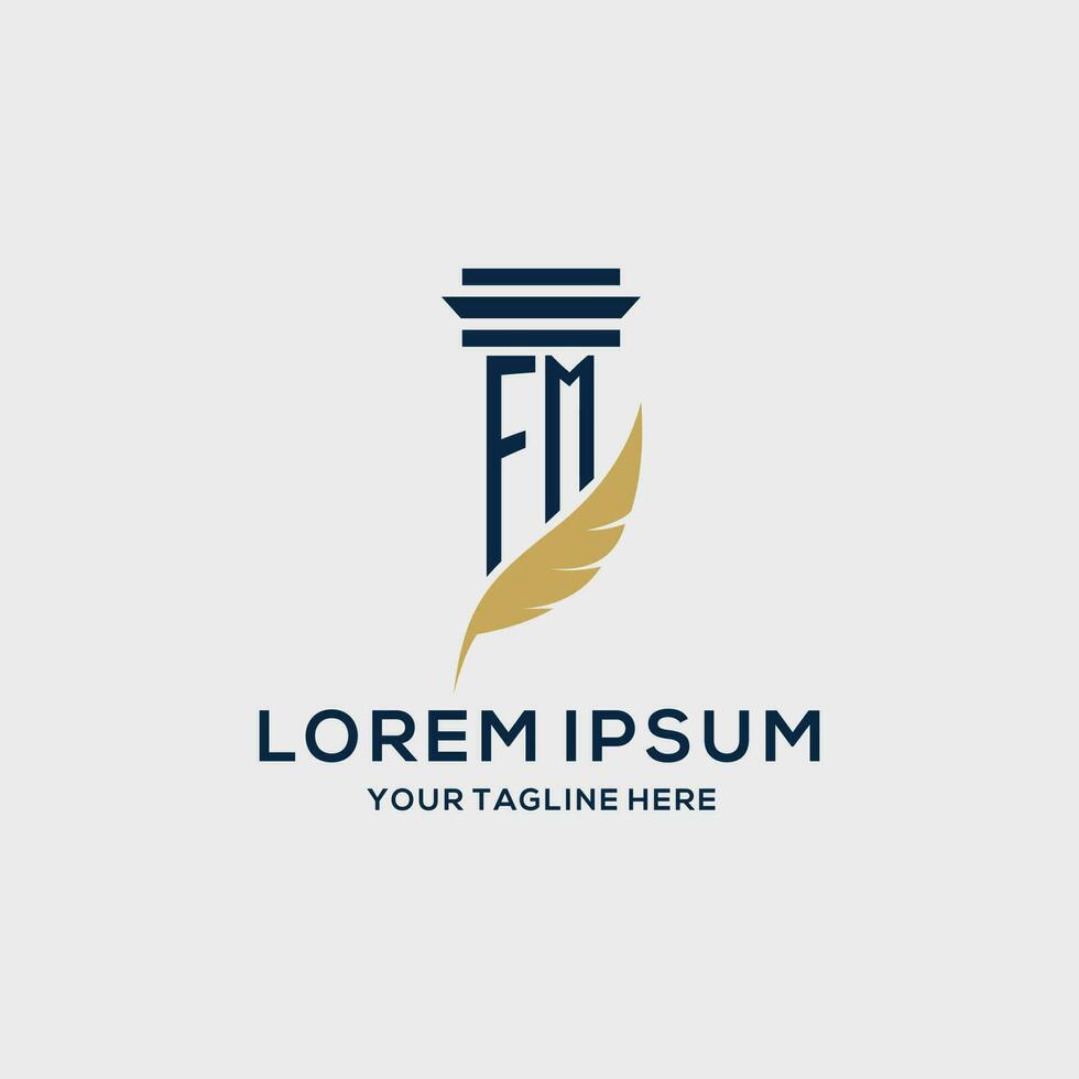 FM monogram initial logo with pillar and feather design vector