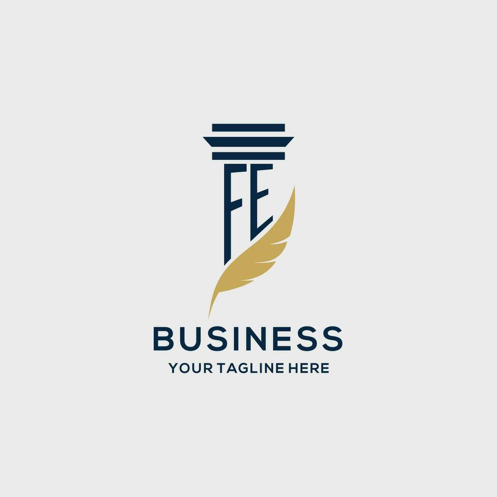 FE monogram initial logo with pillar and feather design vector