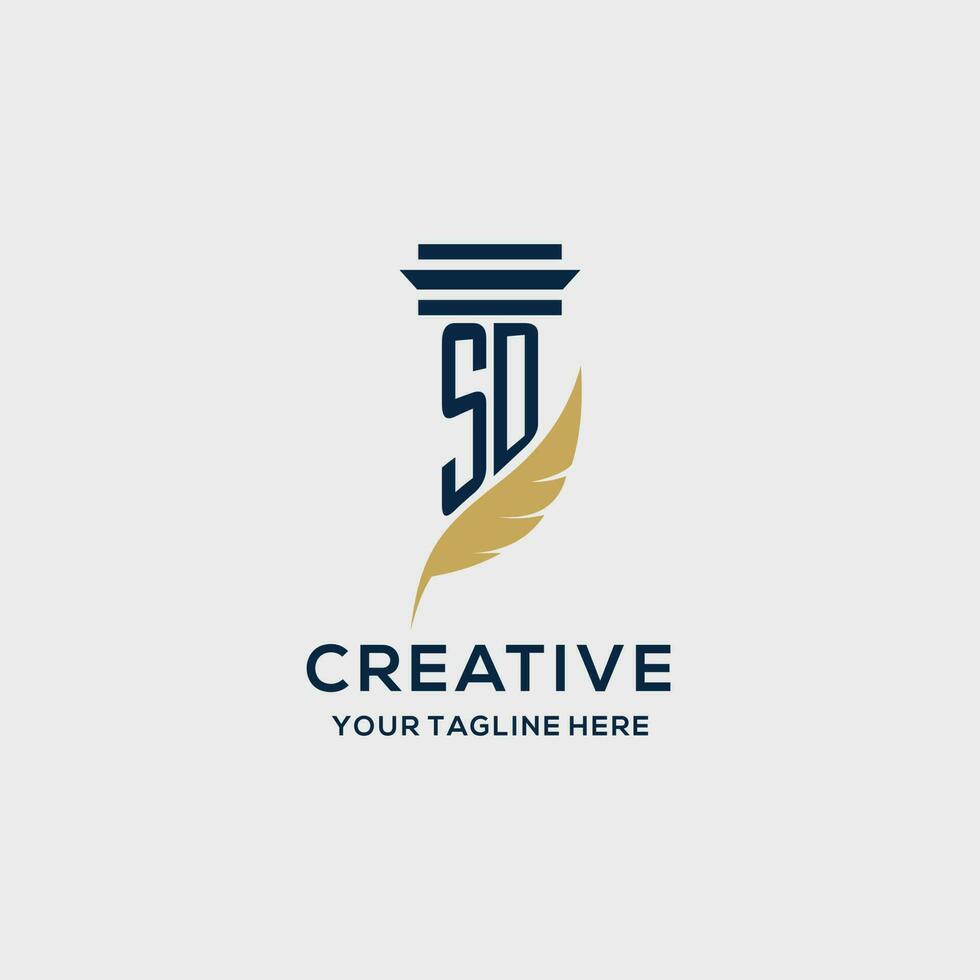 SD monogram initial logo with pillar and feather design vector