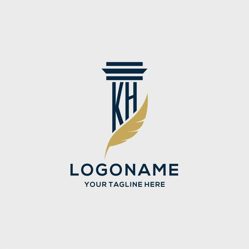 KH monogram initial logo with pillar and feather design vector