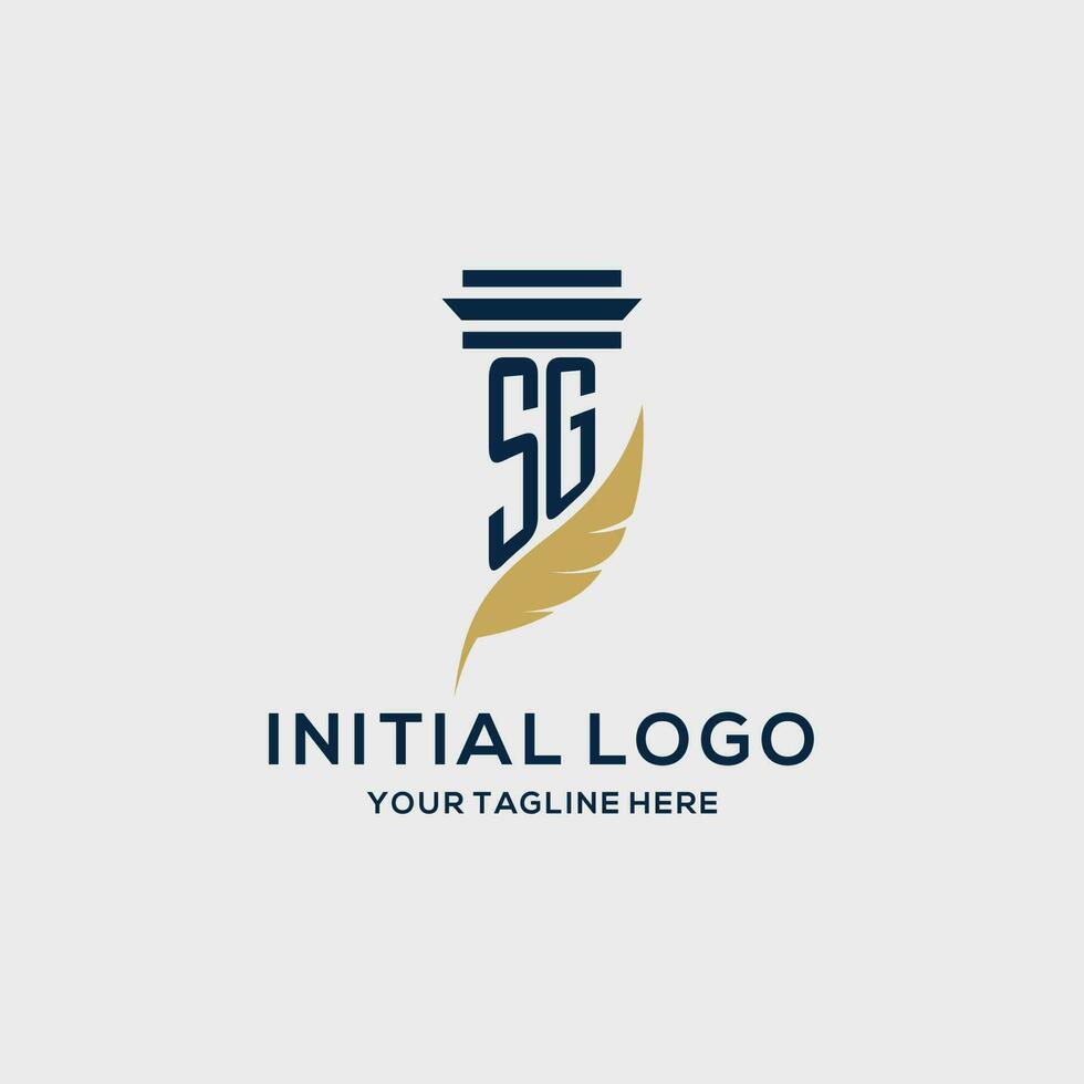 sg monograma inicial logo con pilar y pluma diseño vector