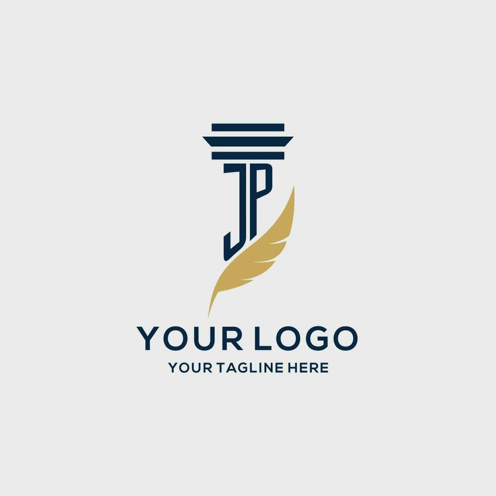 JP monogram initial logo with pillar and feather design vector