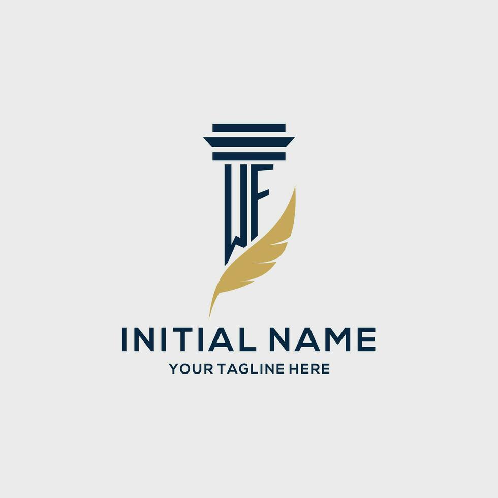 WF monogram initial logo with pillar and feather design vector