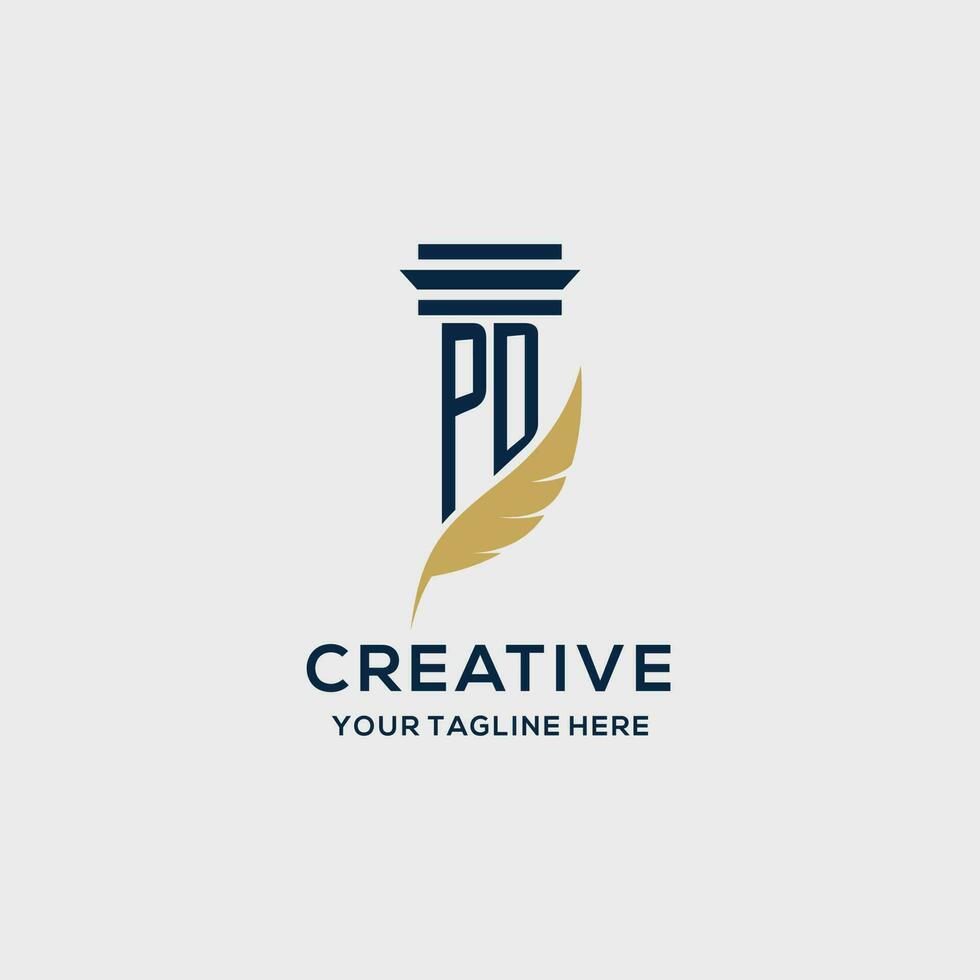 PD monogram initial logo with pillar and feather design vector