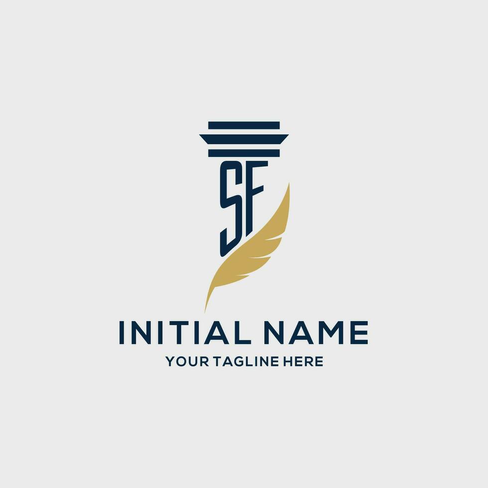SF monogram initial logo with pillar and feather design vector