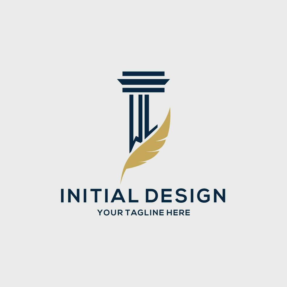 WL monogram initial logo with pillar and feather design vector