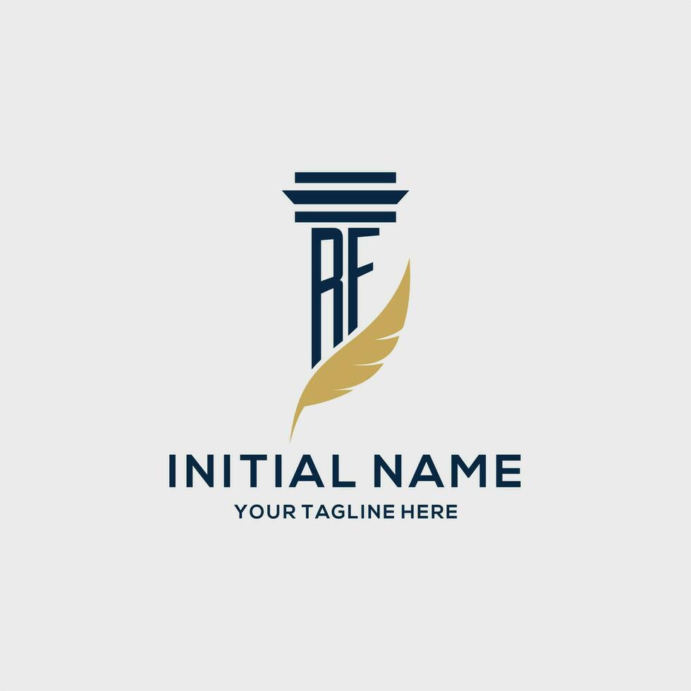 RF monogram initial logo with pillar and feather design vector