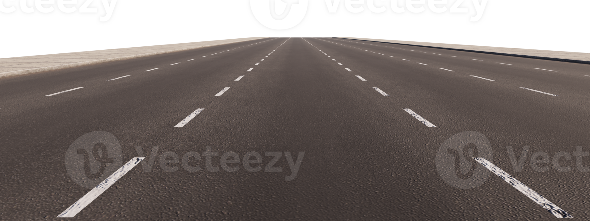 Empty asphalt road six with two sidewalks lanes in PNG isolated on transparent background. straight road line.