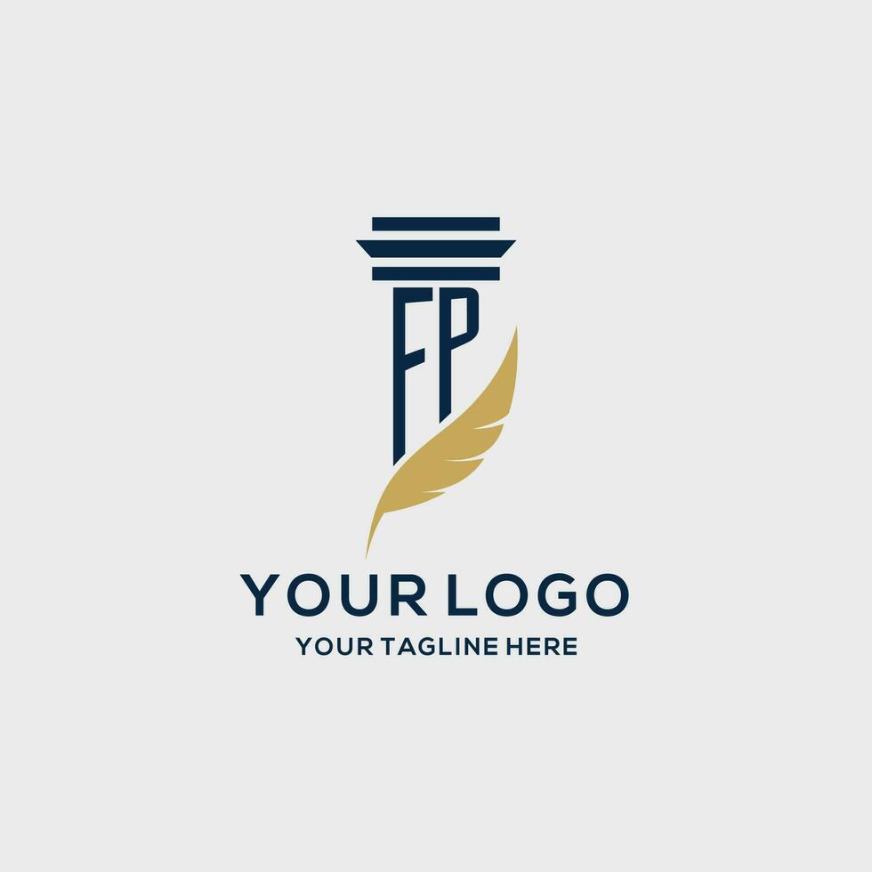 FP monogram initial logo with pillar and feather design vector