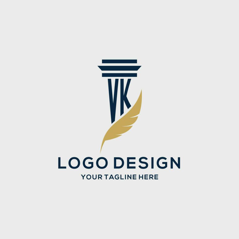 VK monogram initial logo with pillar and feather design vector