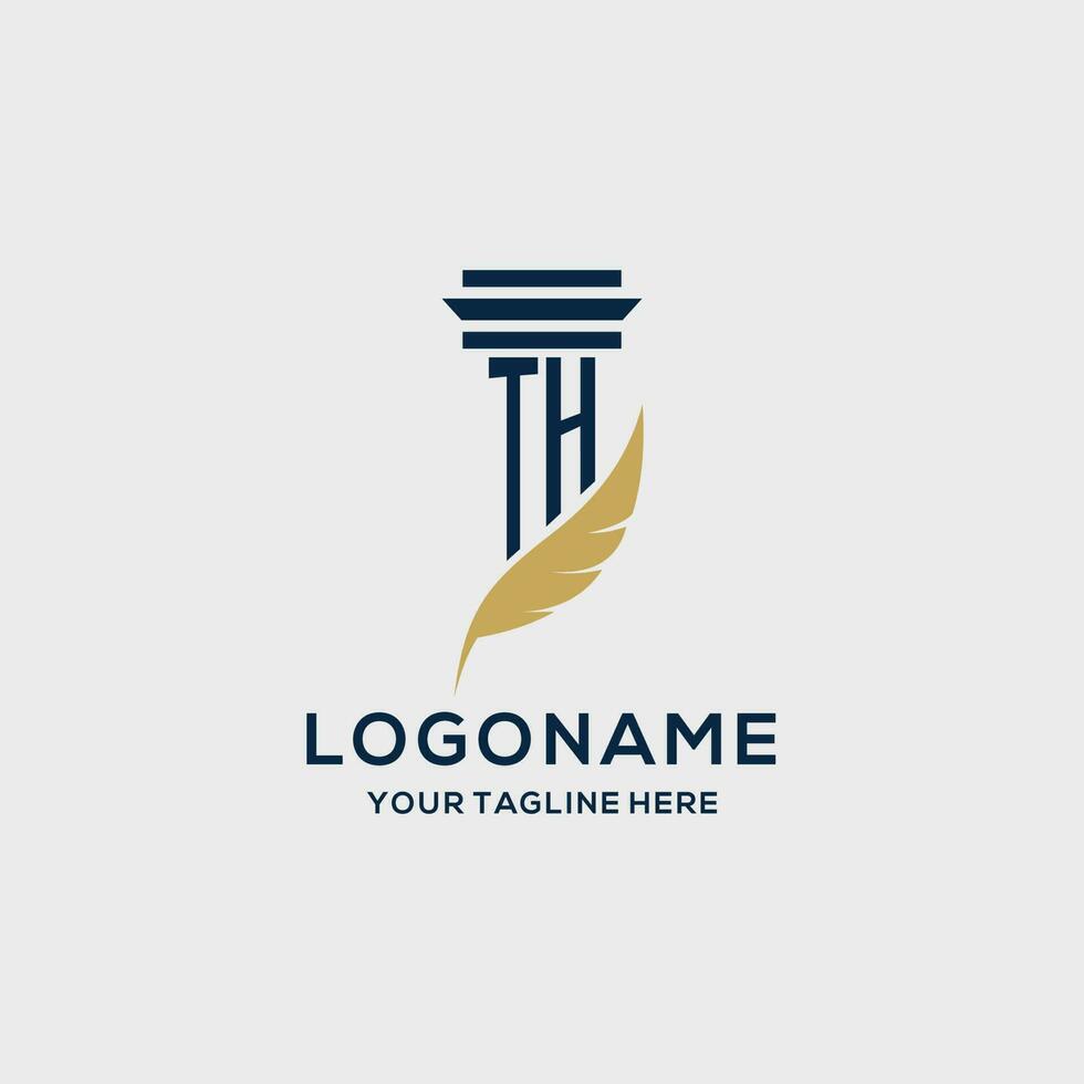 TH monogram initial logo with pillar and feather design vector