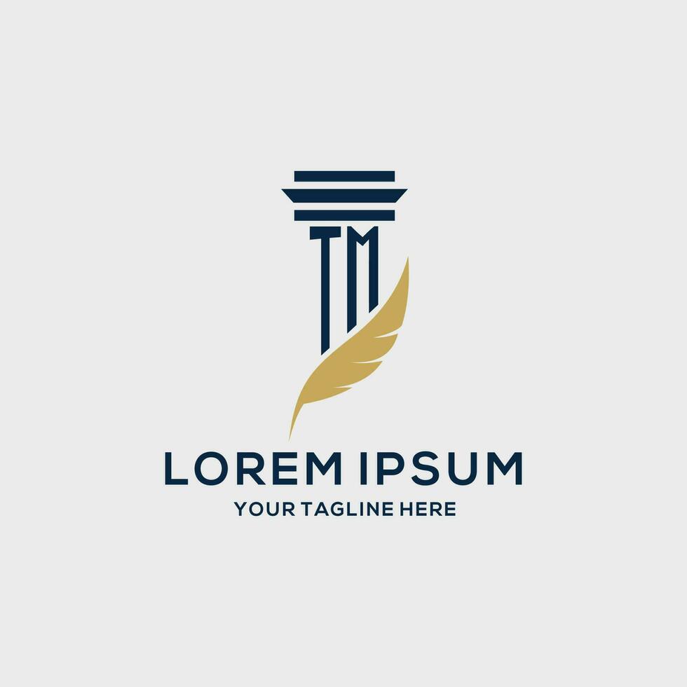 TM monogram initial logo with pillar and feather design vector