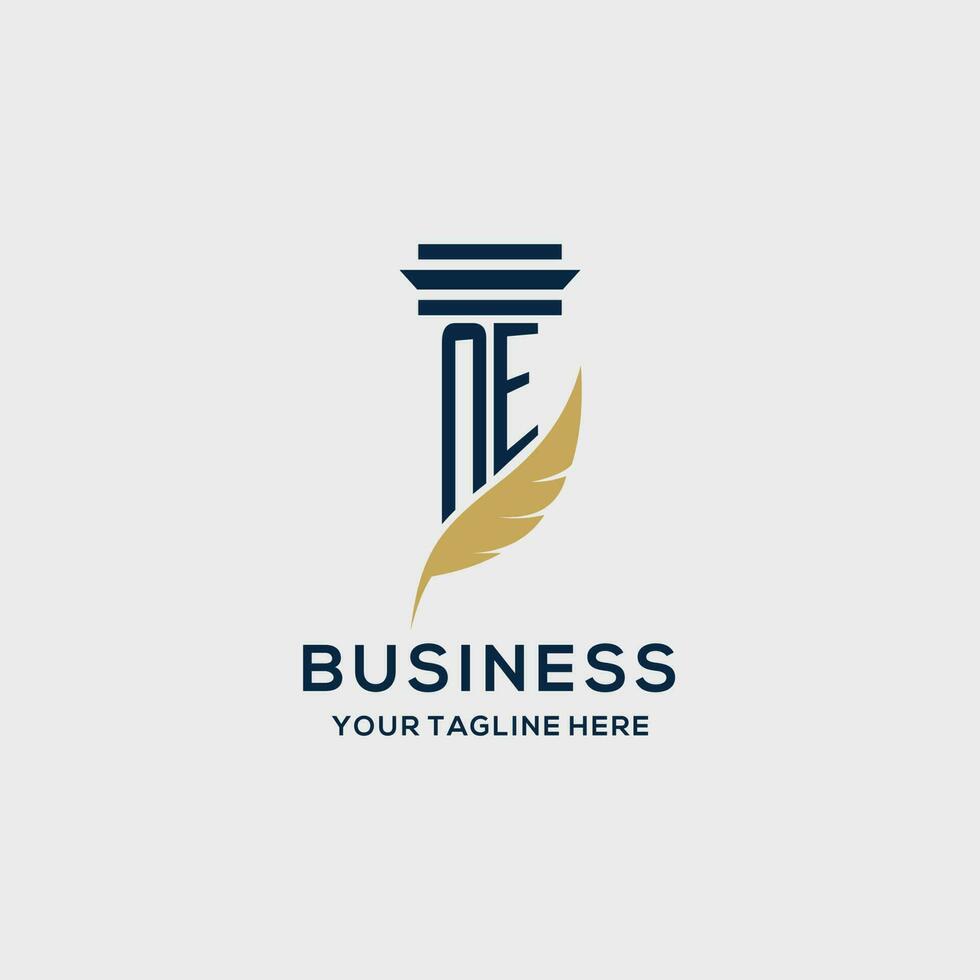 NE monogram initial logo with pillar and feather design vector