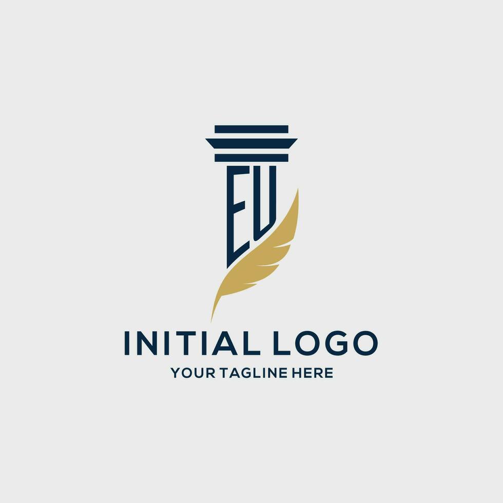 EU monogram initial logo with pillar and feather design vector