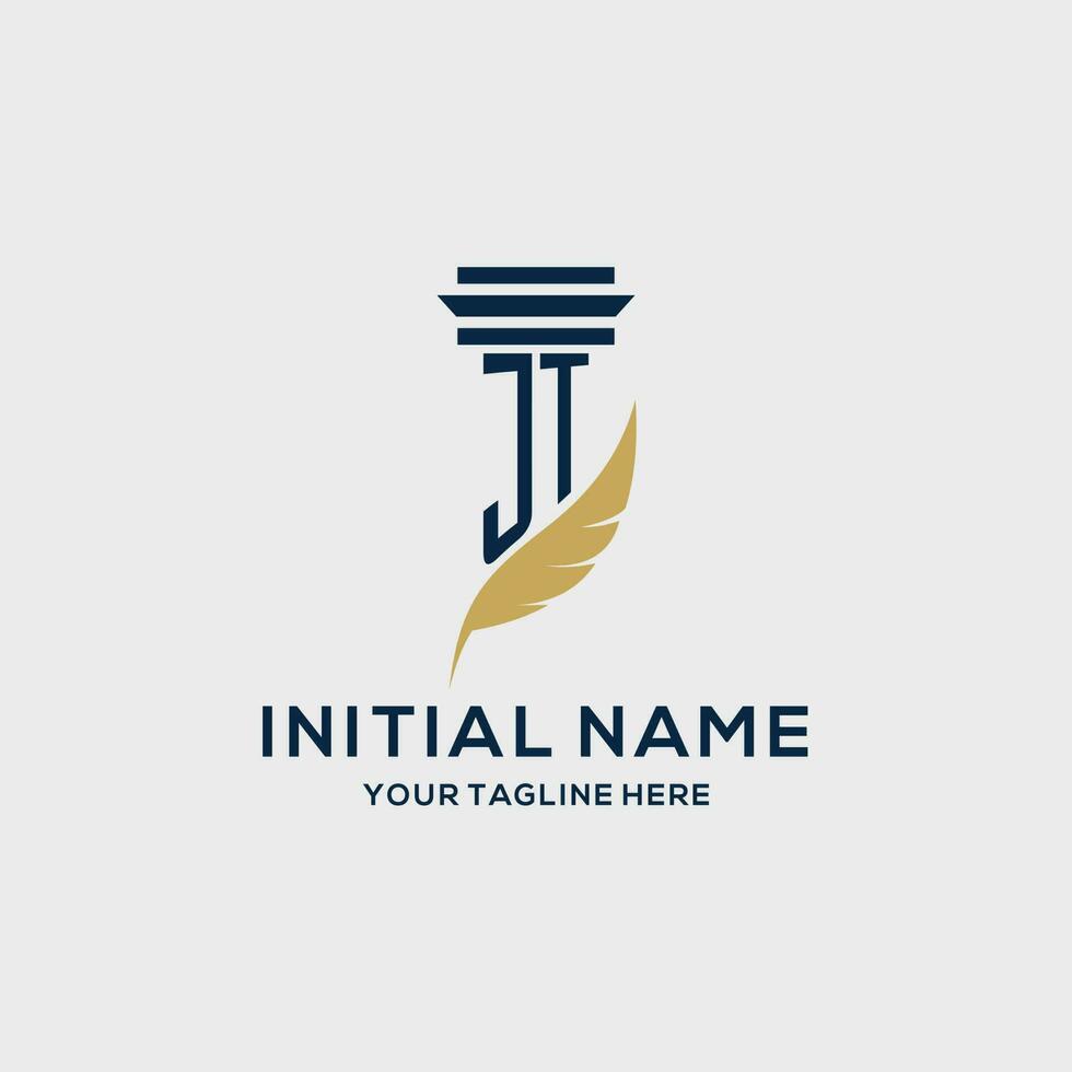 JT monogram initial logo with pillar and feather design vector