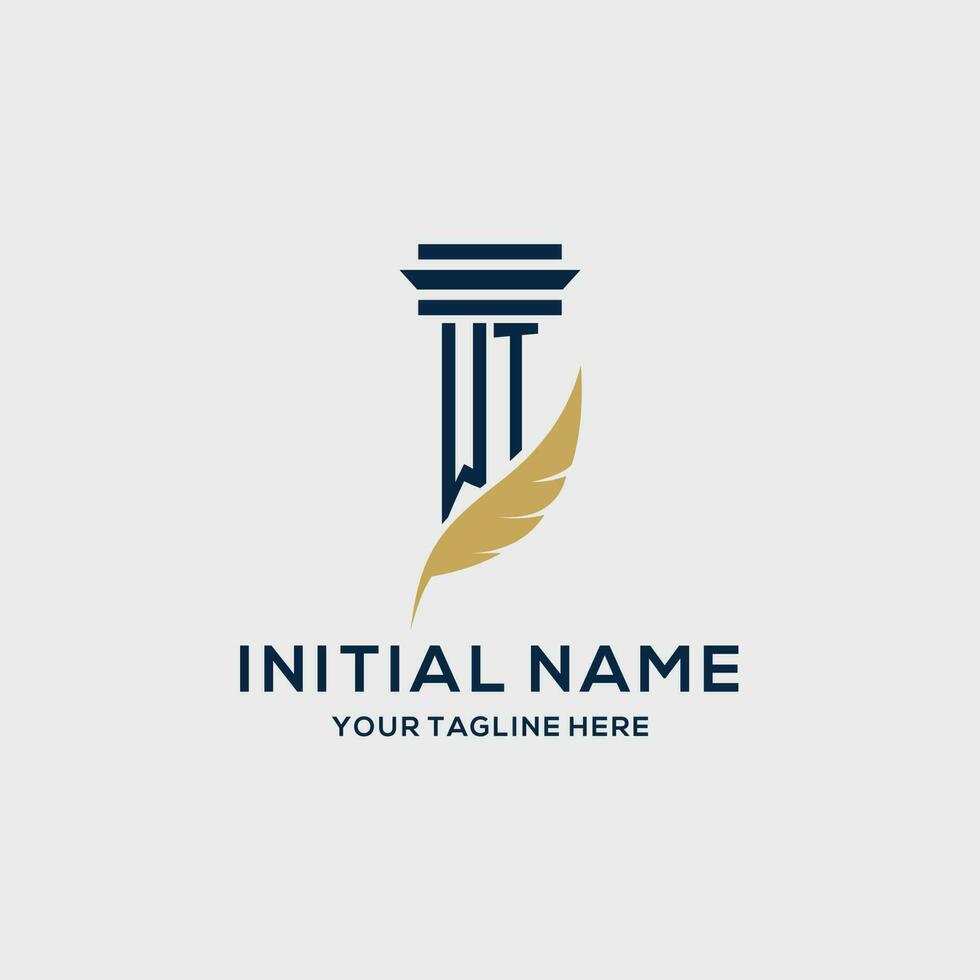 WT monogram initial logo with pillar and feather design vector