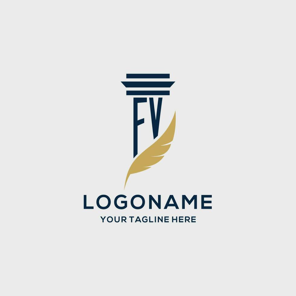 FV monogram initial logo with pillar and feather design vector
