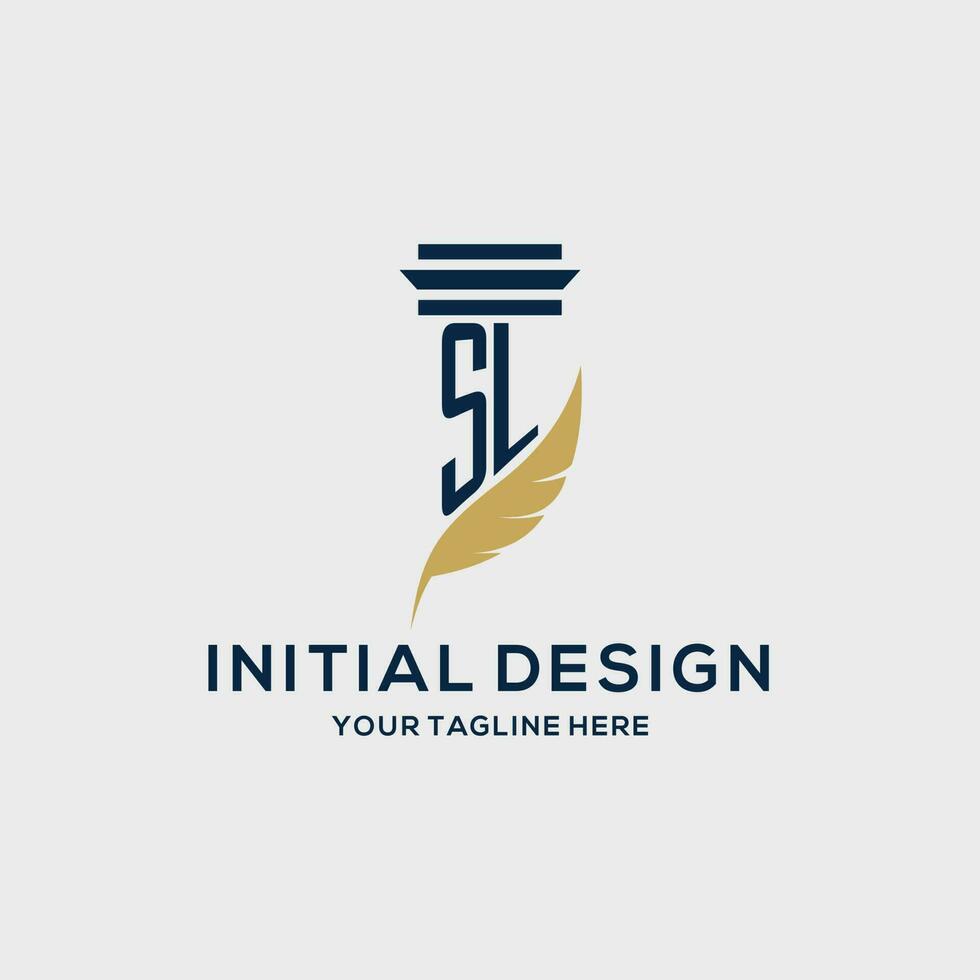 SL monogram initial logo with pillar and feather design vector