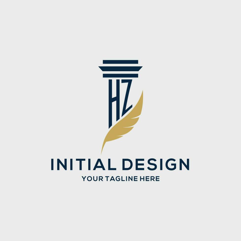 HZ monogram initial logo with pillar and feather design vector