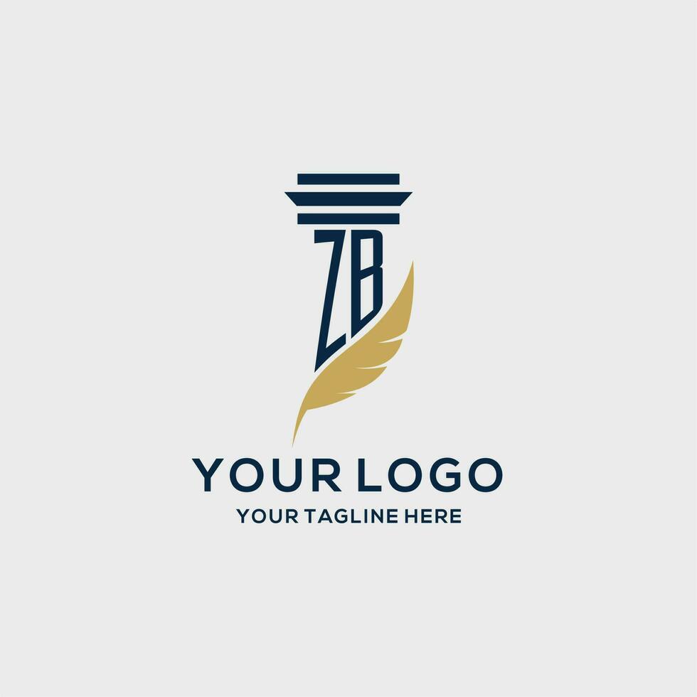 ZB monogram initial logo with pillar and feather design vector