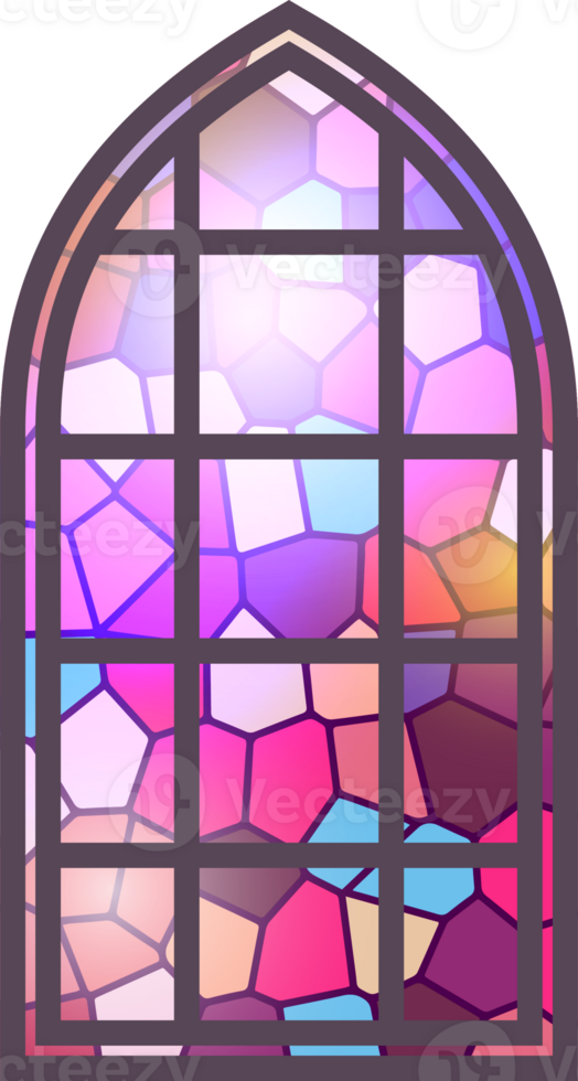 Gothic stained glass window. Church medieval arch. Catholic cathedral mosaic frame. Old architecture design png