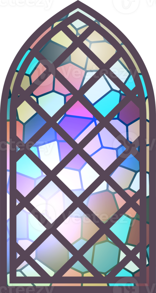 Gothic stained glass window. Church medieval arch. Catholic cathedral mosaic frame. Old architecture design png