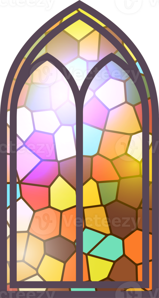 Gothic stained glass window. Church medieval arch. Catholic cathedral mosaic frame. Old architecture design png