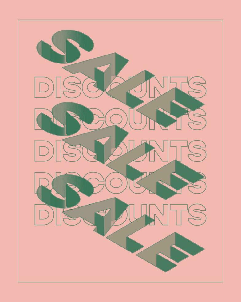 Modern sale and discounts 3d poster. Graphic isometric green letter on pink background. Promotion retro banner template. vector
