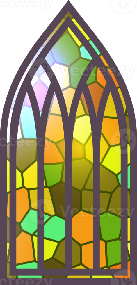 Gothic stained glass window. Church medieval arch. Catholic cathedral mosaic frame. Old architecture design png
