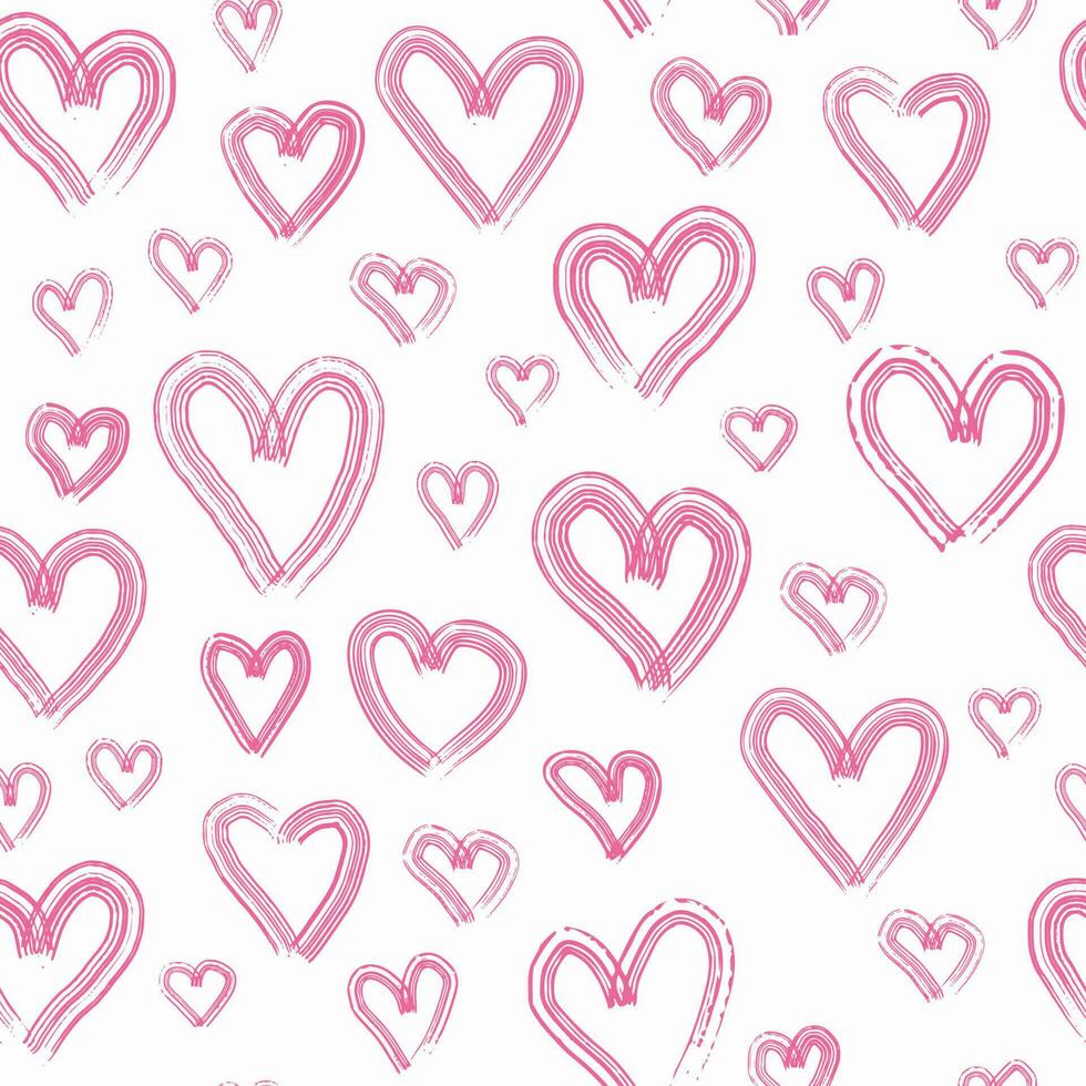 Hand drawn pink hearts seamless pattern on white background. Simple shapes for wrapping paper, wallpaper, fabric, textile vector