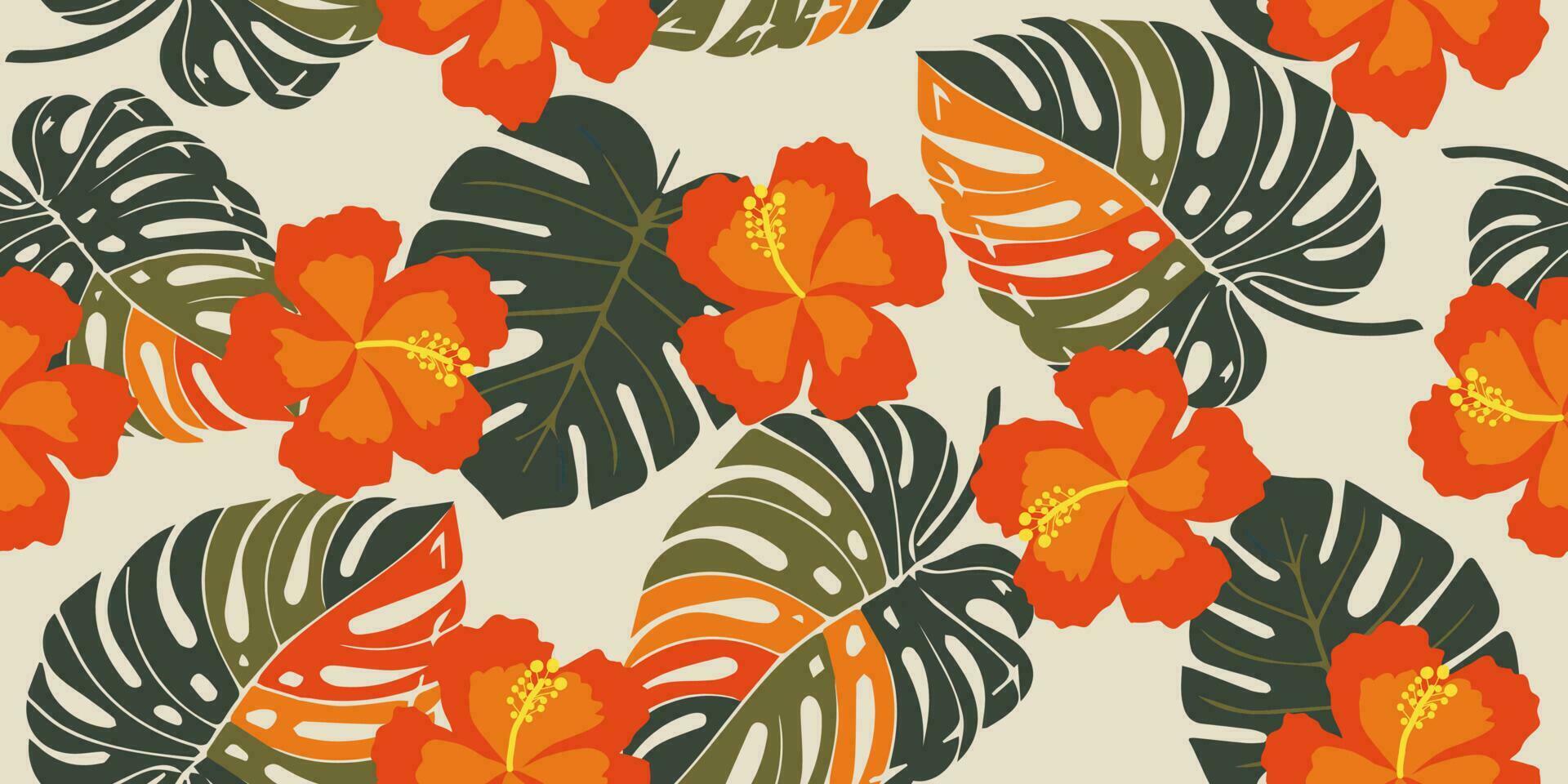 Tropical flower pattern seamless, silhouette of blooming, hand drawn botanical, Floral leaf for spring and Summer time, natural ornaments for textile, fabric, wallpaper, background design. vector