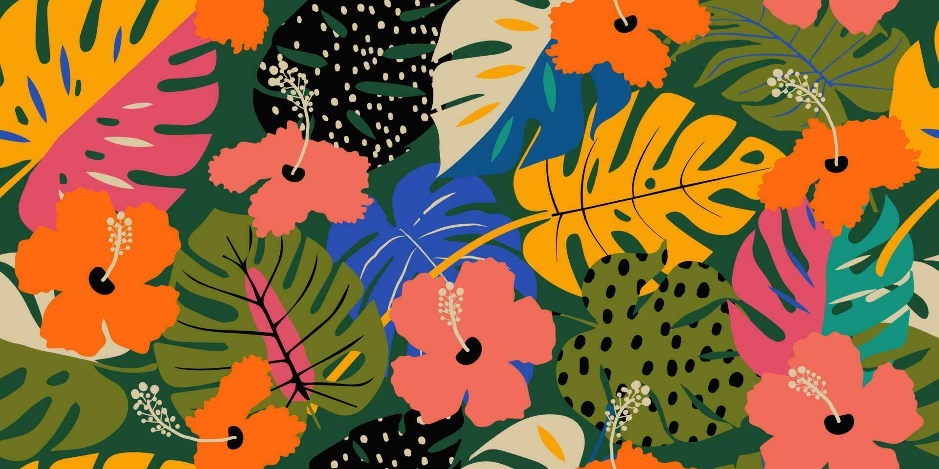 tropical flor modelo sin costura, silueta de floreciente, mano dibujado botánico, floral hoja para primavera y verano tiempo, natural adornos para textil, tela, fondo de pantalla, antecedentes diseño. vector