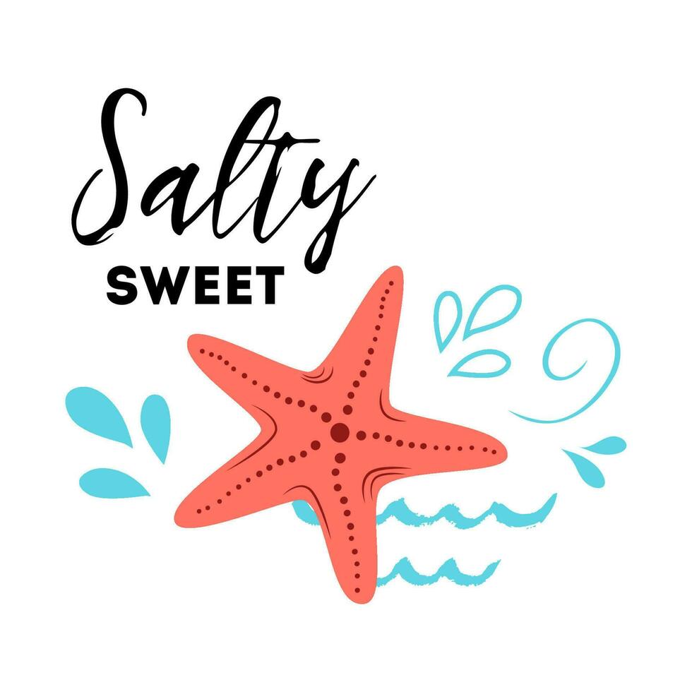 mar póster con mar pescado frase salado dulce, ola, estrella de mar vector tipográfico bandera inspirador cita. tarjeta para verano tiempo, vacaciones. linda imprimir, etiqueta, logo, pegatina, estampilla, firmar Insignia viaje