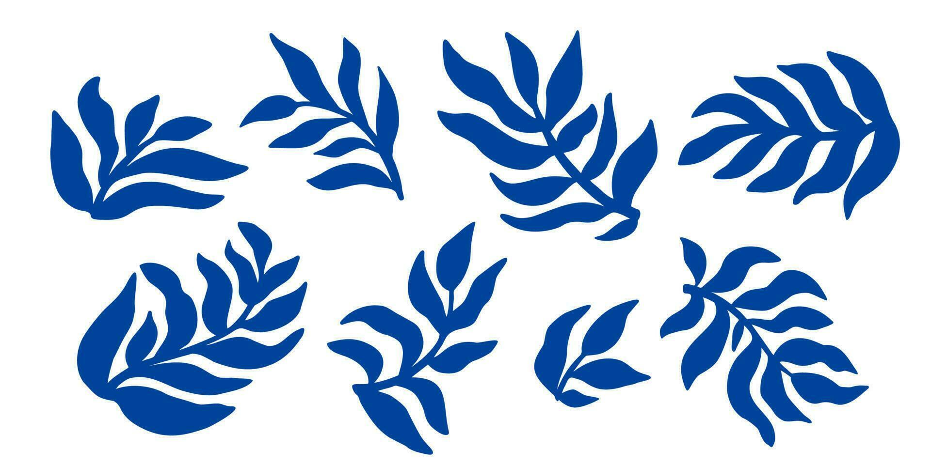 Blue Matisse elements set. Abstract organic plant shapes collection. Freehand contemporary leaves. Hand drawn botanical leaf design. Modern floral illustrations. Summer tropical branches. vector