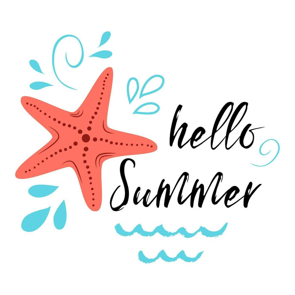 Sea poster with sea star fish phrase Hello summer, wave, seastar Vector typographic banner inspirational quote. Card for summer time, vacation. Cute print, label, logo, sticker, stamp, sign, badge