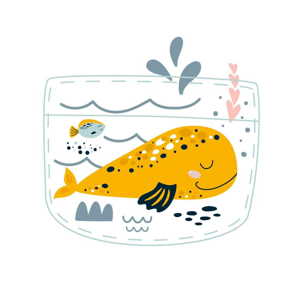 Whale in pocket. Cute cartoon whale, fish, corals, seaweeds. Underwater life picture books concept illustration. Whale under the sea. Ocean life vector print. Funny sea life graphic element.