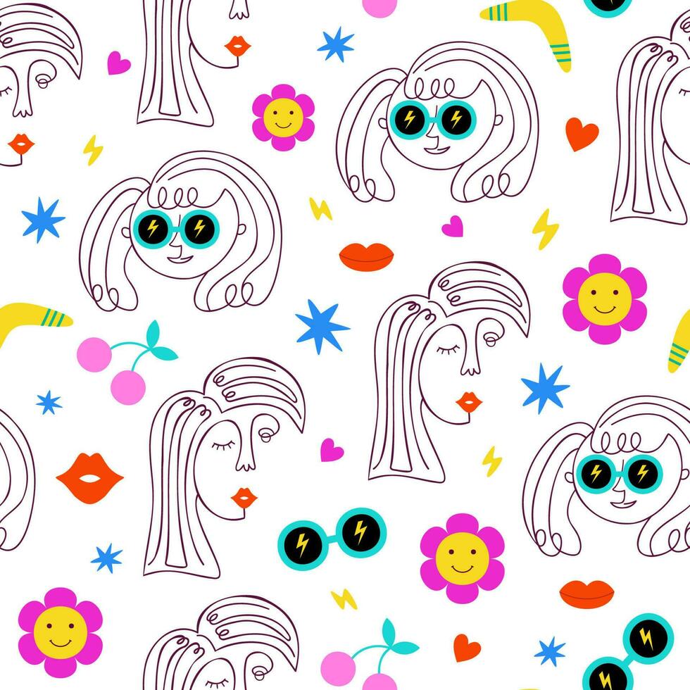 Abstract girl face pattern in y2k style. Gen Z fun funky background. Girl power print. Continuous line face women. Fashion female portrait one line. Vector illustration. Nostalgia 2000 design.