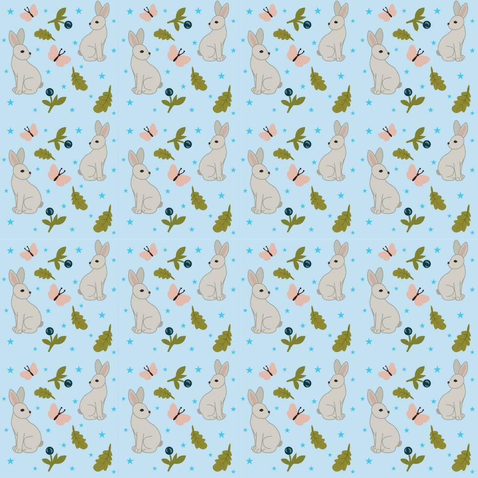 A blue background with a pattern of rabbits and leaves vector