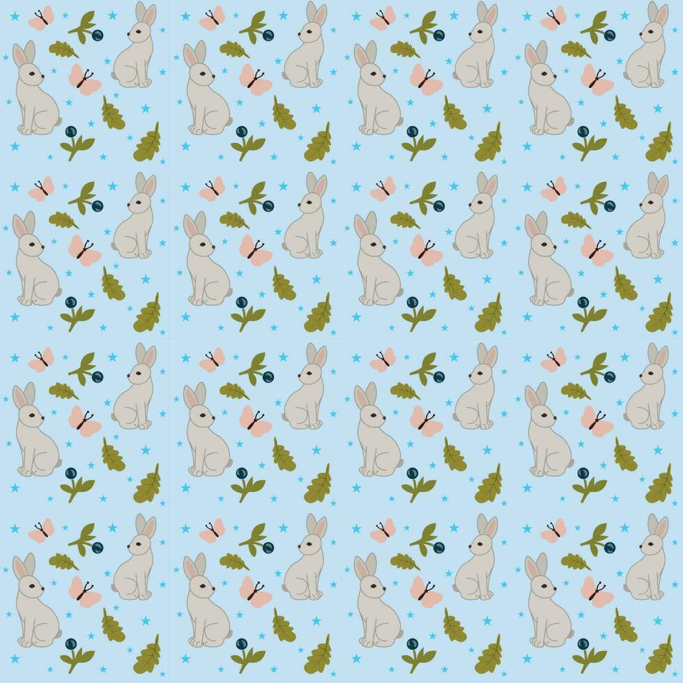 A blue background with a pattern of rabbits and leaves vector