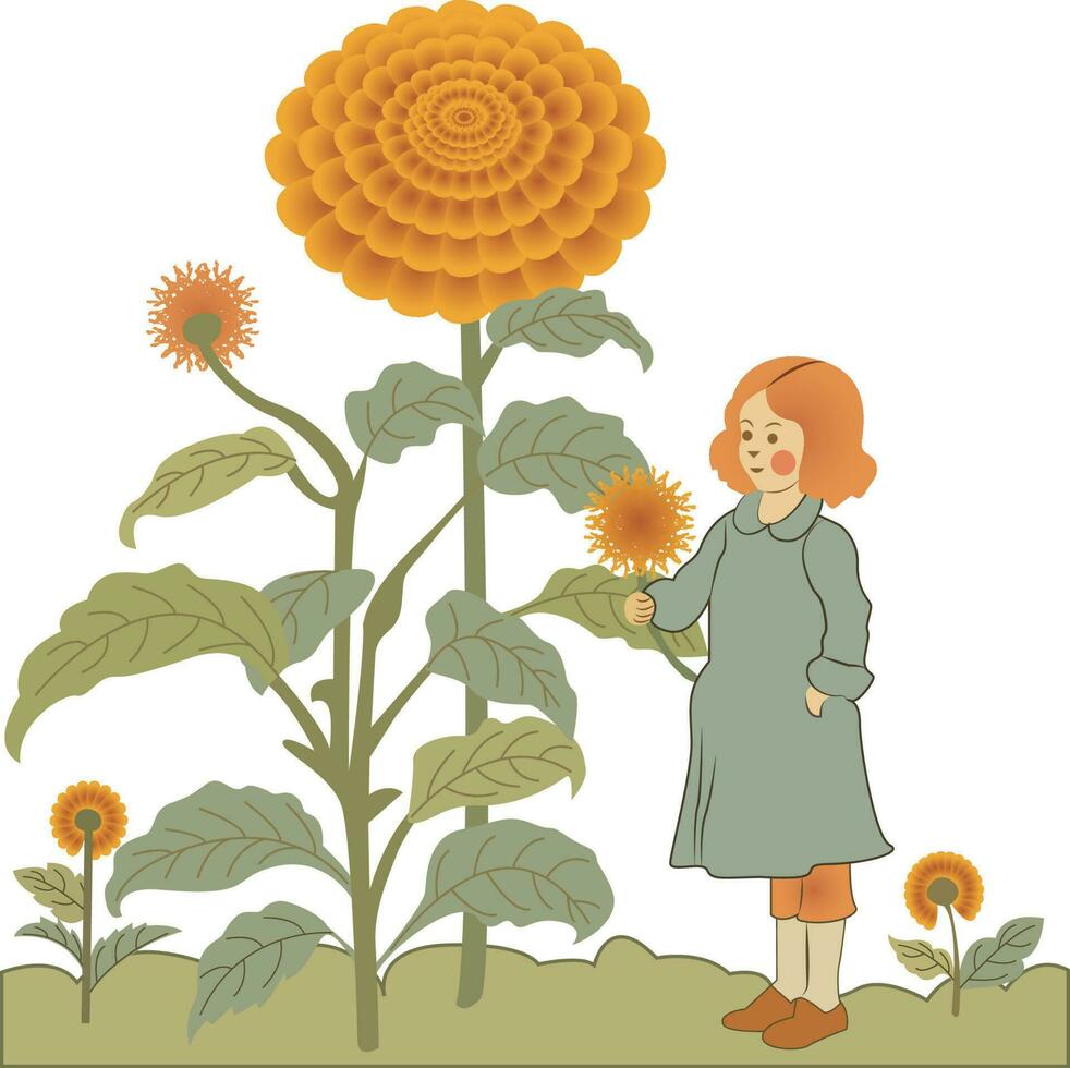 Marigold flower and a cute baby girl in a garden artwork vector