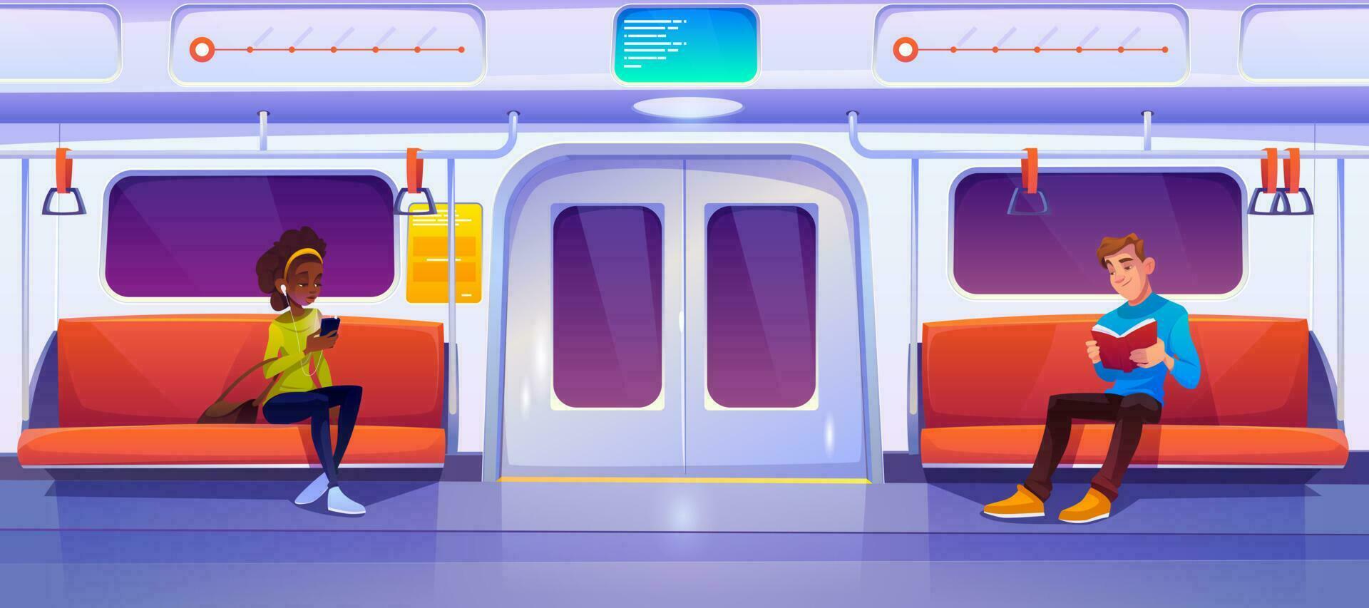 People sitting in subway train car, metro wagon vector