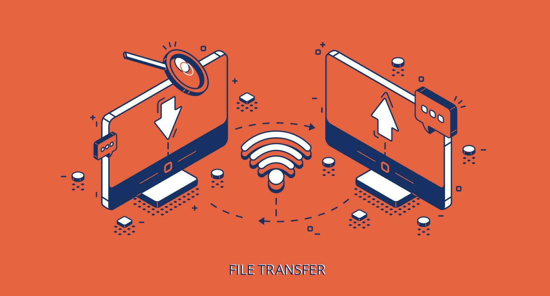 File transfer isometric banner, remote connection vector