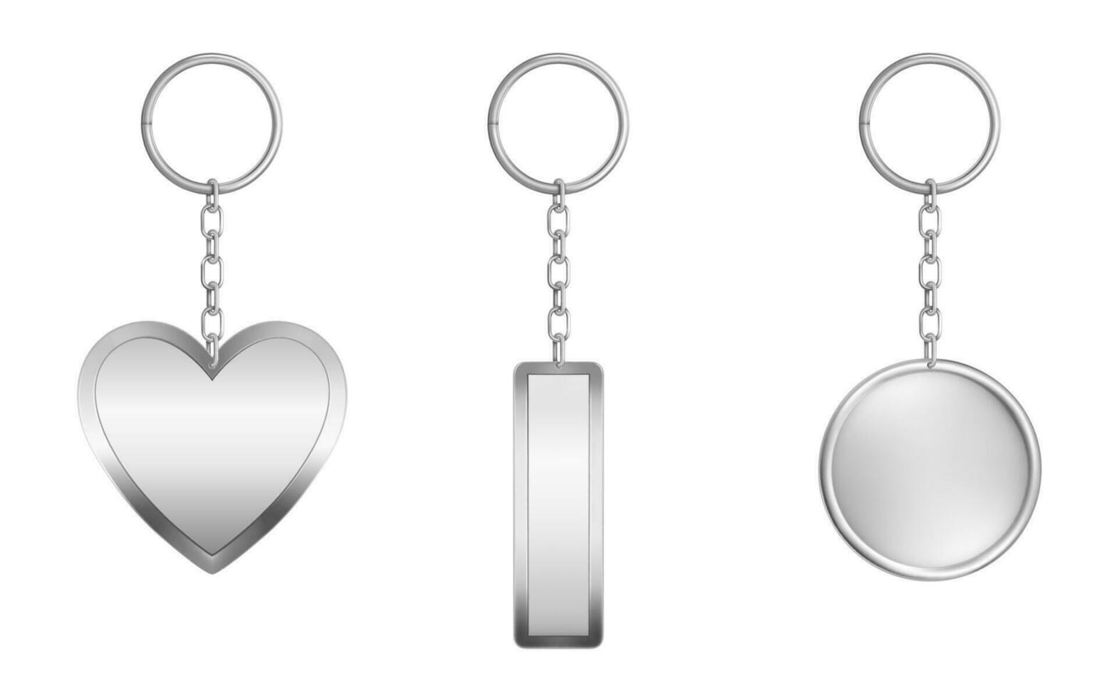 Keychains set. Metal round, rectangular and heart vector