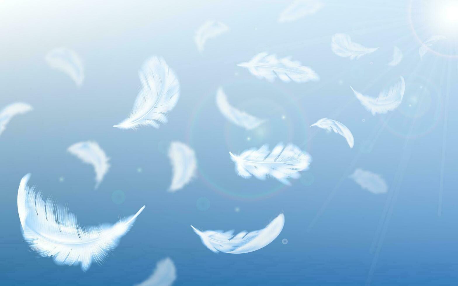 White feathers fly in air on blue sky background vector