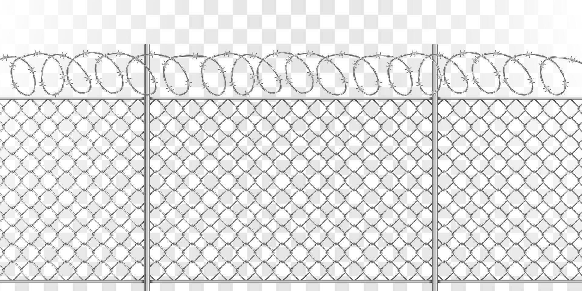 Metal mesh fence with steel spiral barbed wire vector