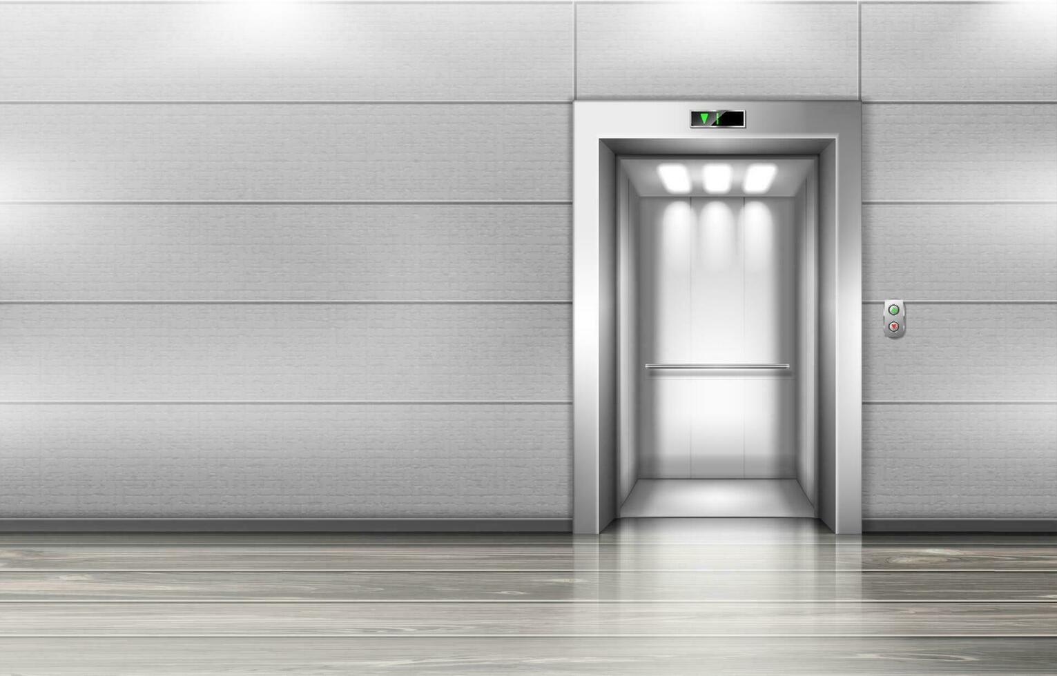 Open elevator doors in modern office hallway vector